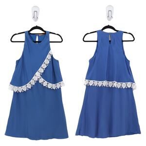 Tory Burch Women 8 Amanda Dress Hudson Blue Silk Lace Trim Sleeveless Shift FLAW
